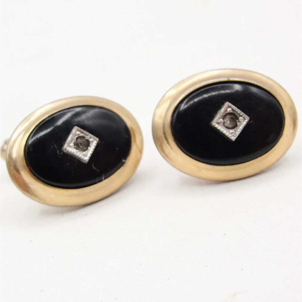 Vintage Anson Gold Tone Black Onyx Diamond Accent Cufflink Oval Retro MCM